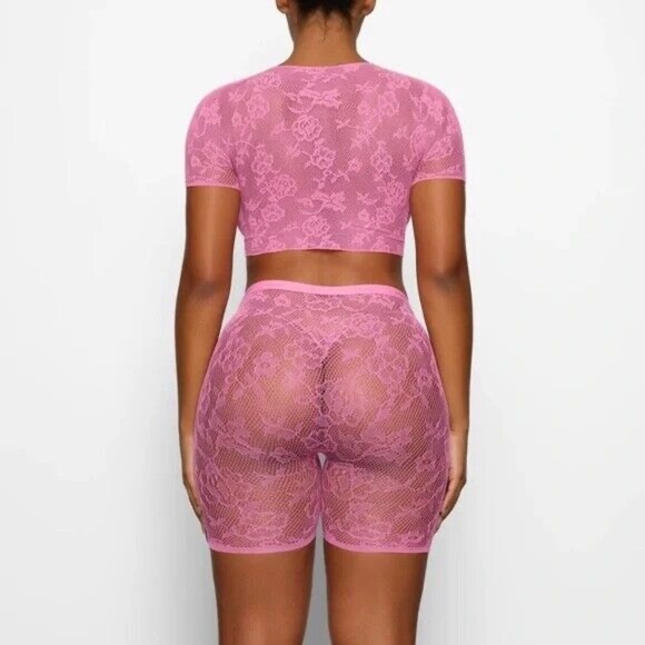 NWT Skims Knit Lace Cropped T-Shirt Azalea Pink XS - Picture 6 of 9